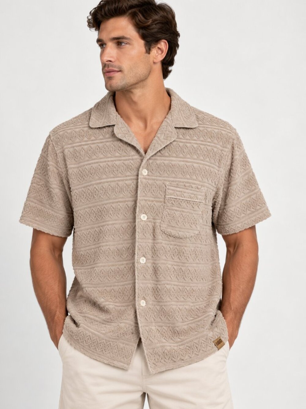 UGG Tasman Terry Braid Short Sleeve Button-Up Shirt Putty Men’s Large NWT
